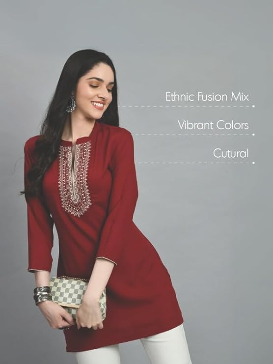 Meesan Women's Beautiful Viscose Rayon Embroidered Smart Casual Tunics for Office & Casual Wear