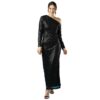 Globus Women Sequinned Striped One Shoulder Long Sleeves Side Slit Sheath Maxi Party Dress