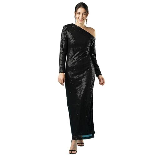 61Bvd156FdL._SX679_ Globus Women Sequinned Striped One Shoulder Long Sleeves Side Slit Sheath Maxi Party Dress