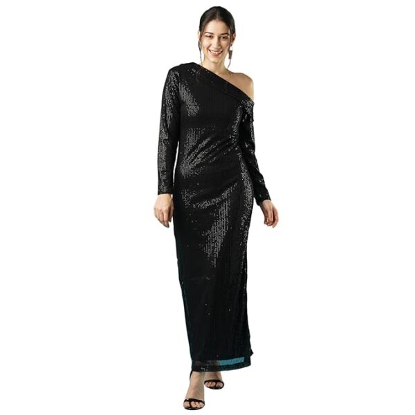 Globus Women Sequinned Striped One Shoulder Long Sleeves Side Slit Sheath Maxi Party Dress