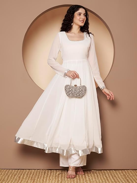 KZA Women’s Georgette Hand Embroidered Flared Anarkali Suit for Women | Full Sleeves Flare Anarkali Dress for Woman | Ethnic Flared Anarkali Kurta for Women