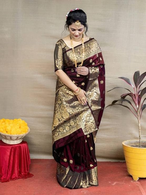 C J Enterprise Women's Pure Soft Kanjivaram Silk Saree For Wedding Banarasi Style Sari With Blouse Piece (Vruksh-50)