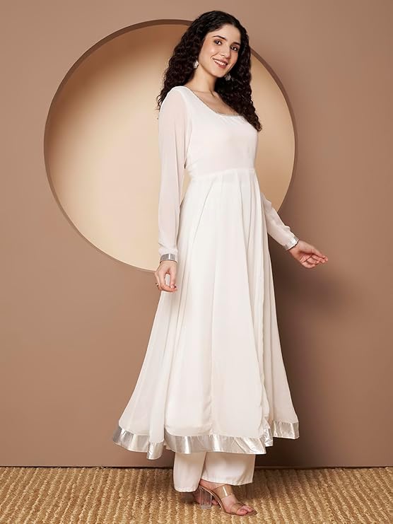 KZA Women’s Georgette Hand Embroidered Flared Anarkali Suit for Women | Full Sleeves Flare Anarkali Dress for Woman | Ethnic Flared Anarkali Kurta for Women