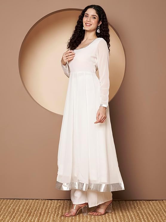 KZA Women’s Georgette Hand Embroidered Flared Anarkali Suit for Women | Full Sleeves Flare Anarkali Dress for Woman | Ethnic Flared Anarkali Kurta for Women