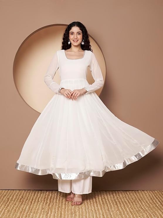 KZA Women’s Georgette Hand Embroidered Flared Anarkali Suit for Women | Full Sleeves Flare Anarkali Dress for Woman | Ethnic Flared Anarkali Kurta for Women
