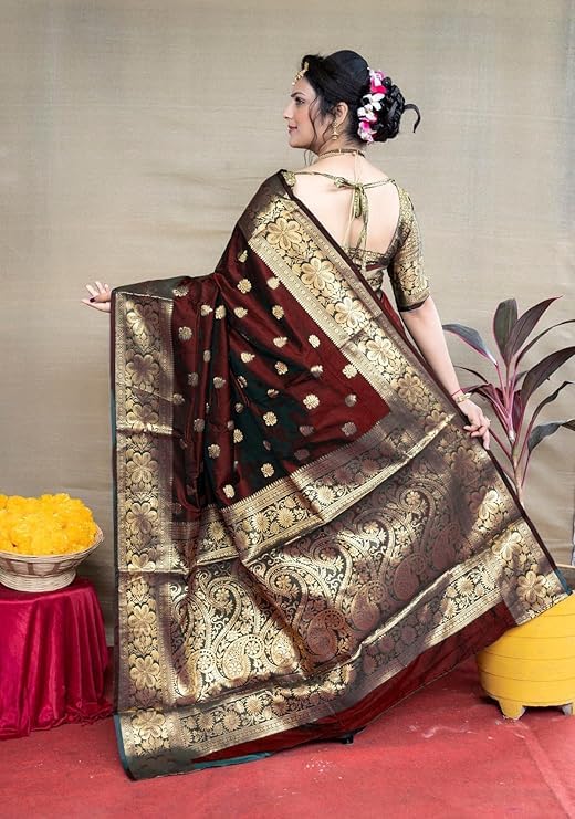 C J Enterprise Women's Pure Soft Kanjivaram Silk Saree For Wedding Banarasi Style Sari With Blouse Piece (Vruksh-50)