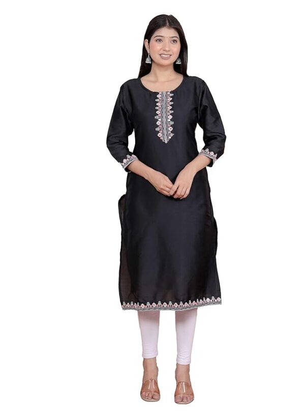 Women's Satin Embroidered Printed Straight Kurti
