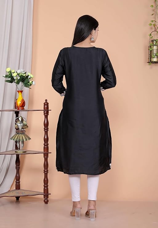 Women's Satin Embroidered Printed Straight Kurti
