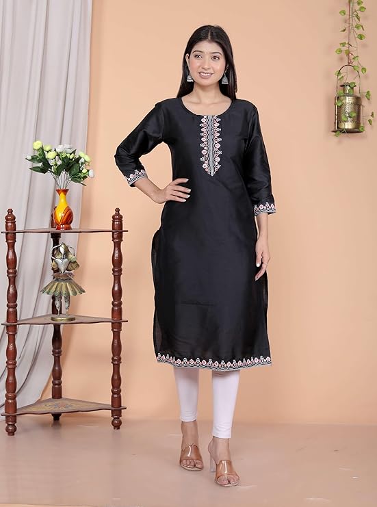 Women's Satin Embroidered Printed Straight Kurti