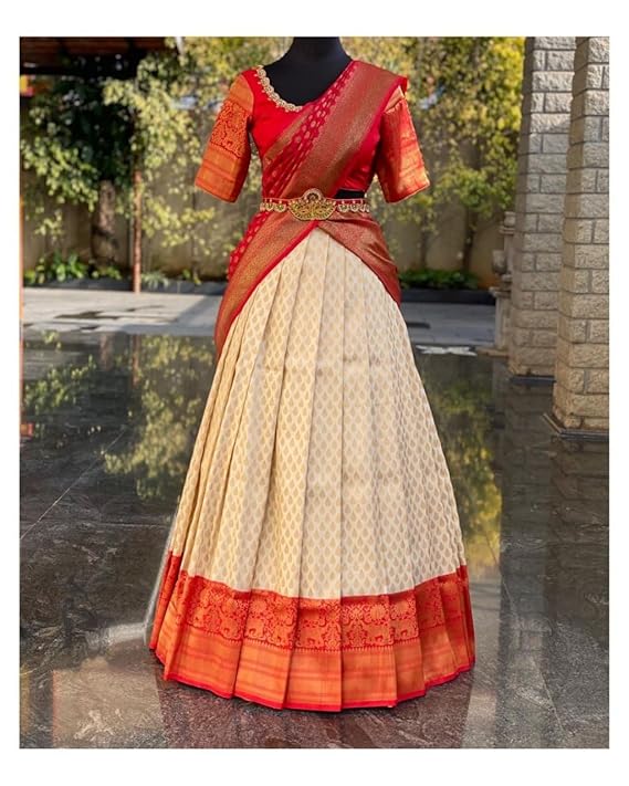 ZITON Women's Kanchipuram Kanjivaram Indian Traditional Style Silk Pure Zari Weaving Unstitched Traditional Lehenga Choli Set | Half Saree,Multi