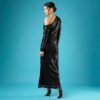 Globus Women Sequinned Striped One Shoulder Long Sleeves Side Slit Sheath Maxi Party Dress