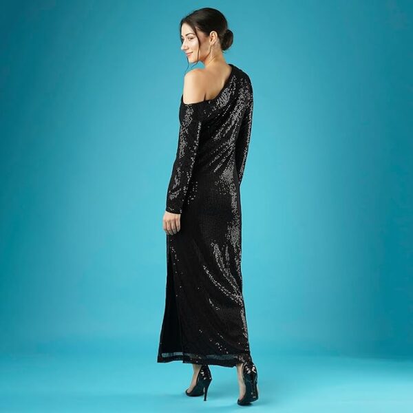 Globus Women Sequinned Striped One Shoulder Long Sleeves Side Slit Sheath Maxi Party Dress