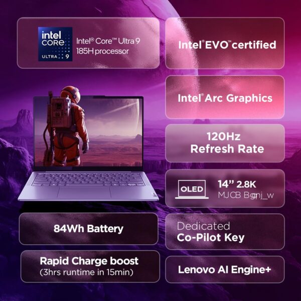 Lenovo Yoga Slim 7 (Smartchoice) Intel Core Ultra 9 185H 14"(35.5cm) WUXGA-OLED Laptop (32GB RAM/1TB SSD/AI PC/Windows 11/Microsoft 365 Basic + Office Home 2024/1Yr ADP Free/Grey/1.39Kg), 83CV00B3IN