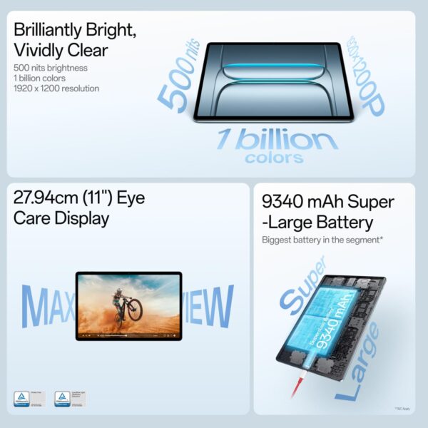 OnePlus Pad Lite with Biggest Battery in Segment 9340 mAh, 11"(27.94 cm) Display with 500 nits Brightness & 11 Hrs of Video Playback, 6GB RAM 128GB Storage, WiFi, Aero Blue