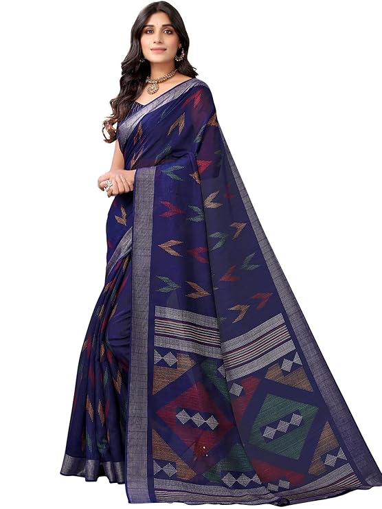 71sX+oziedL._SY741_ SIRIL Women's Cotton Printed Saree With Unstitched Blouse Piece
