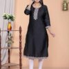 Women's Satin Embroidered Printed Straight Kurti