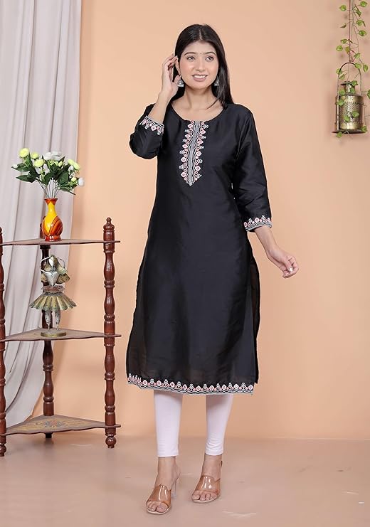 Women's Satin Embroidered Printed Straight Kurti