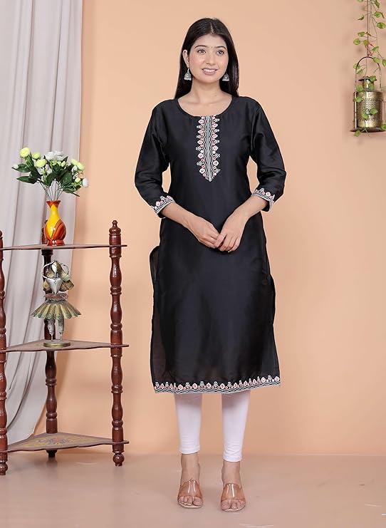 Women's Satin Embroidered Printed Straight Kurti