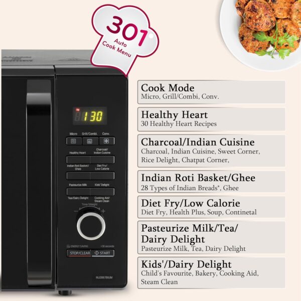 LG 28 L Charcoal Convection Healthy Microwave Oven (MJ2887BIUM, Black, Healthy Heart Recipes, Diet Fry, Pasteurized Milk, 360° Motorised Rotisserie & 10 Years of warranty on Charcoal Heater)