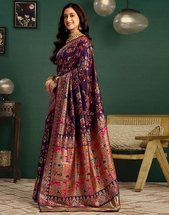 SIRIL Women's Silk Kashmiri Minakari Jacquard Saree With Unstitched Blouse Piece