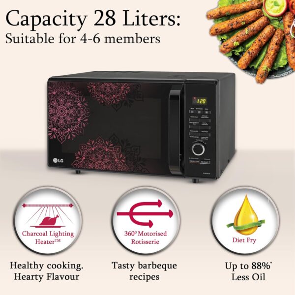 LG 28 L Charcoal Convection Healthy Microwave Oven (MJ2887BIUM, Black, Healthy Heart Recipes, Diet Fry, Pasteurized Milk, 360° Motorised Rotisserie & 10 Years of warranty on Charcoal Heater)