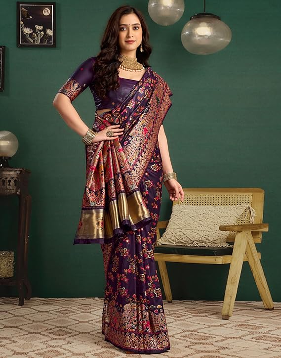 SIRIL Women's Silk Kashmiri Minakari Jacquard Saree With Unstitched Blouse Piece