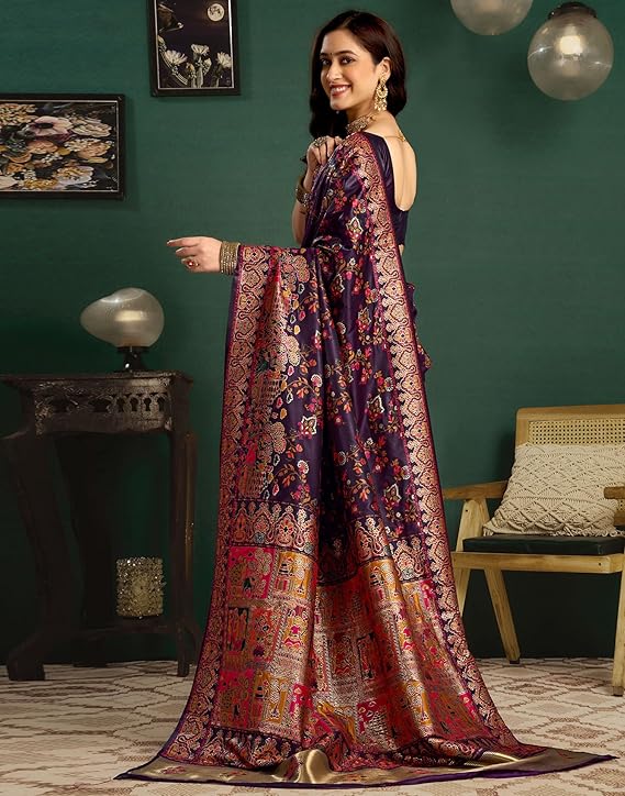 SIRIL Women's Silk Kashmiri Minakari Jacquard Saree With Unstitched Blouse Piece