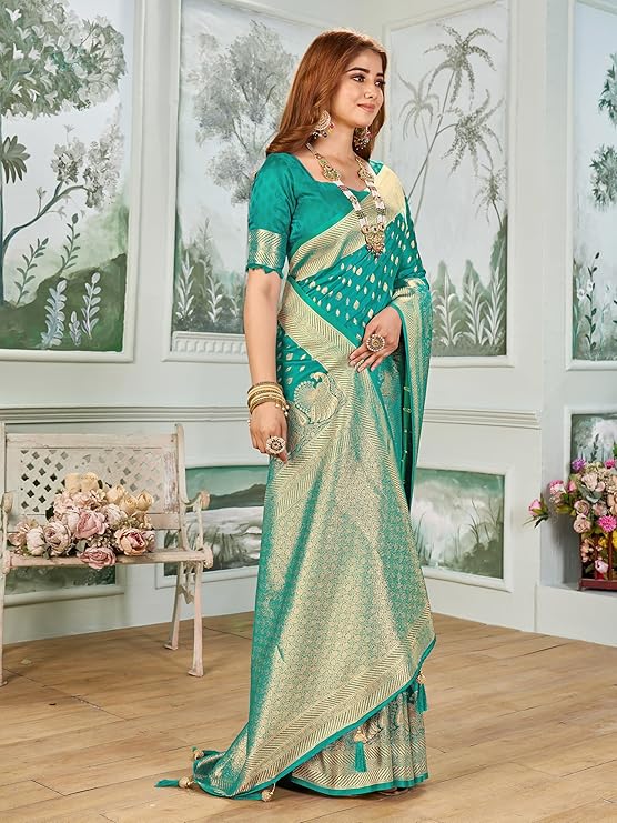 Mehrang Women's Banarasi Silk Kanjivaram Saree For Wedding With Pure Zari Work, Woven Design, With Unstitched Blouse Piece