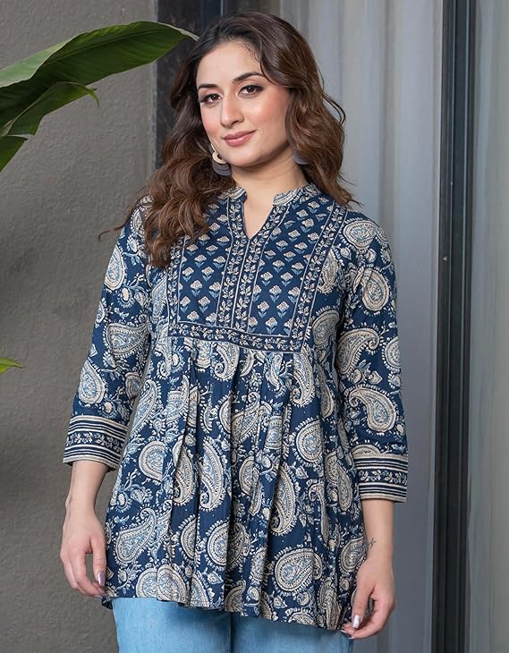 Arayna Women's Pure Cotton Paisley Printed Tunic Top – Comfortable Everyday Wear