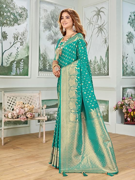 Mehrang Women's Banarasi Silk Kanjivaram Saree For Wedding With Pure Zari Work, Woven Design, With Unstitched Blouse Piece