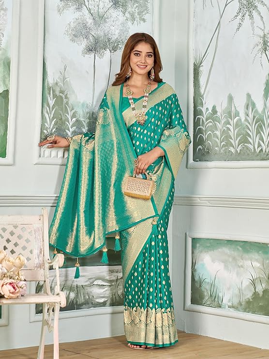 Mehrang Women's Banarasi Silk Kanjivaram Saree For Wedding With Pure Zari Work, Woven Design, With Unstitched Blouse Piece