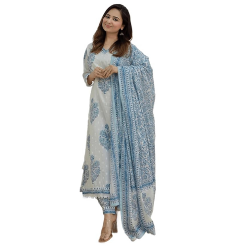 Untitled design (5) Arayna Women's Cotton Printed Floral Straight Kurta with Palazzo Pants and Dupatta